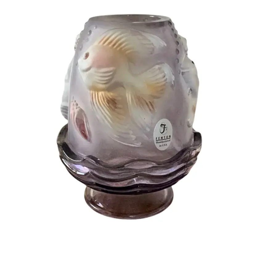 Fenton 2-piece Violet Purple Atlantis Koi Fish Fairy Light HP By Chris Curry (1999) 5” X 3 1/2”