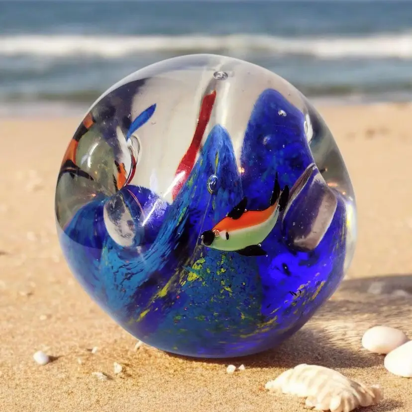 Art Glass Fish Aquarium Pen Holder Paperweight Vintage Tropical Ocean Office