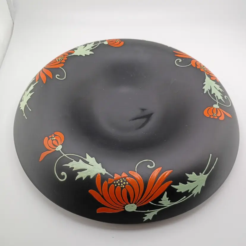 Handpainted black satin glass (Hyalith) console bowl with rolled rim