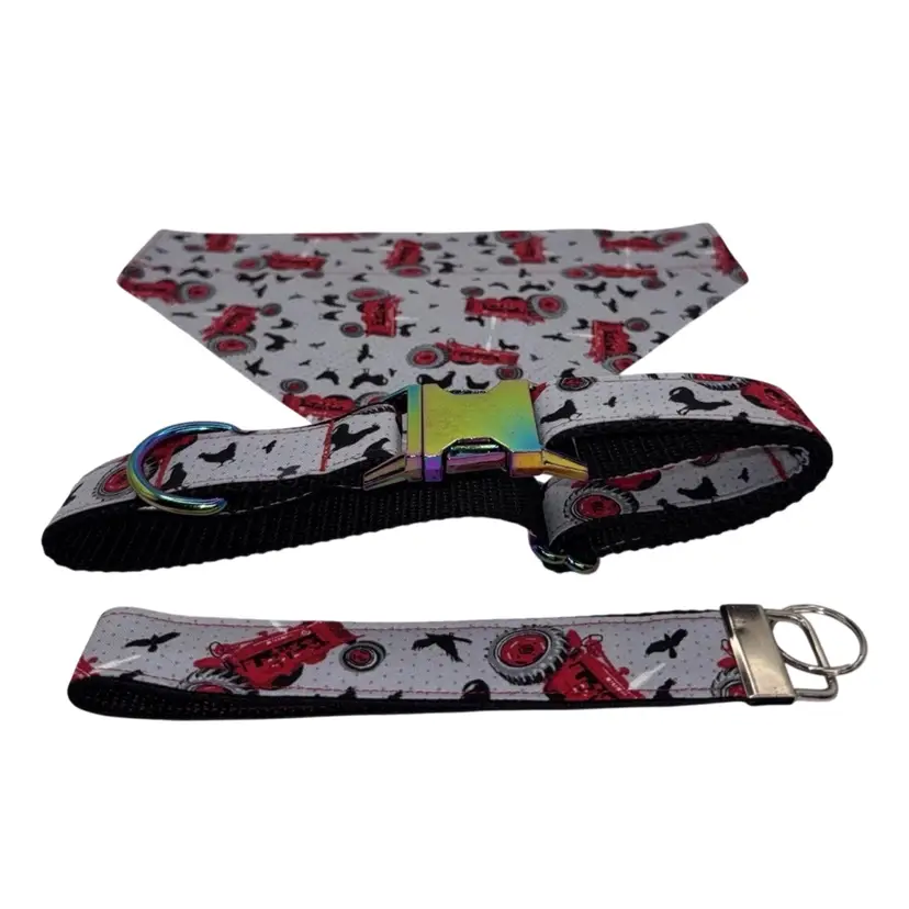 Dog Collar & Bandana Black W/ Farm Tractor Print Large Handmade Heavy Duty NEW