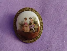 Vintage Porcelain Brooch with Romantic Scene, Gold-Tone Trim,