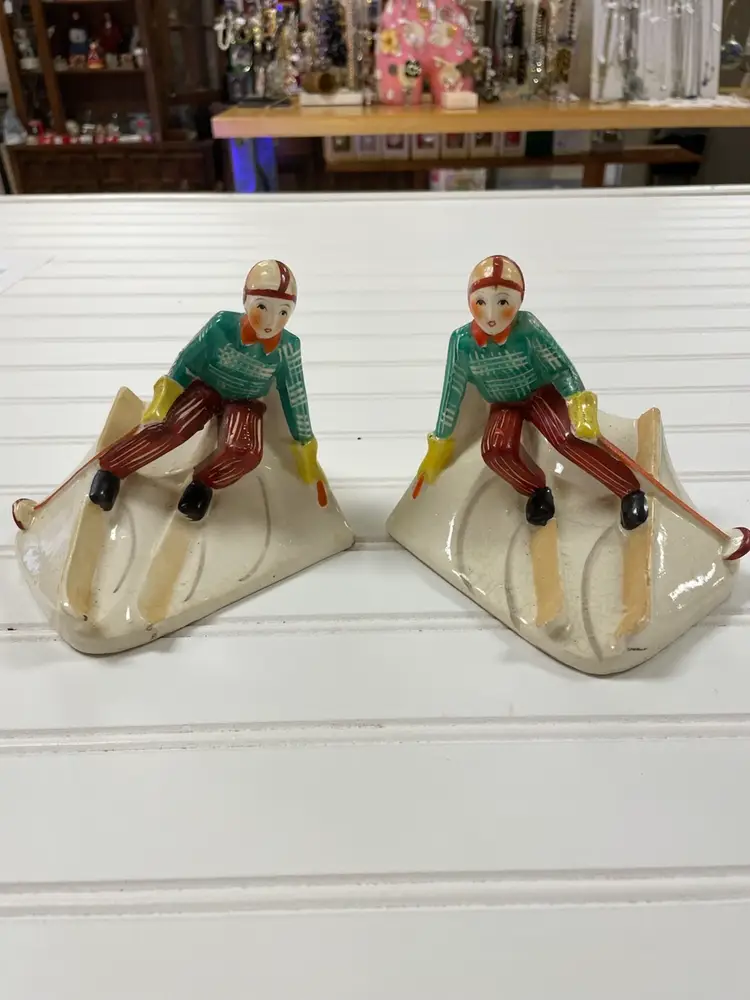 Vintage Set of Two Skiing People Bookends