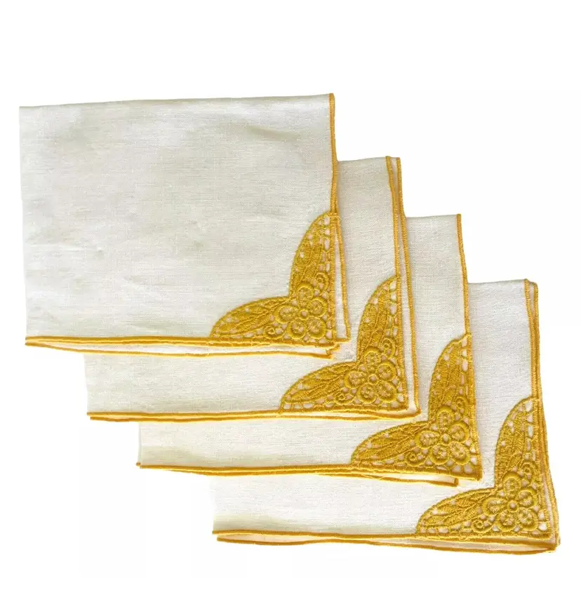 Kemp & Beatley 4 Napkin Set Cream/Gold Linen Embroidered Vintage 12.25” x 16.5”