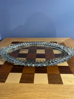 Vintage Art Deco clear pressed glass oval serving or vanity tray. 15-9.5”
