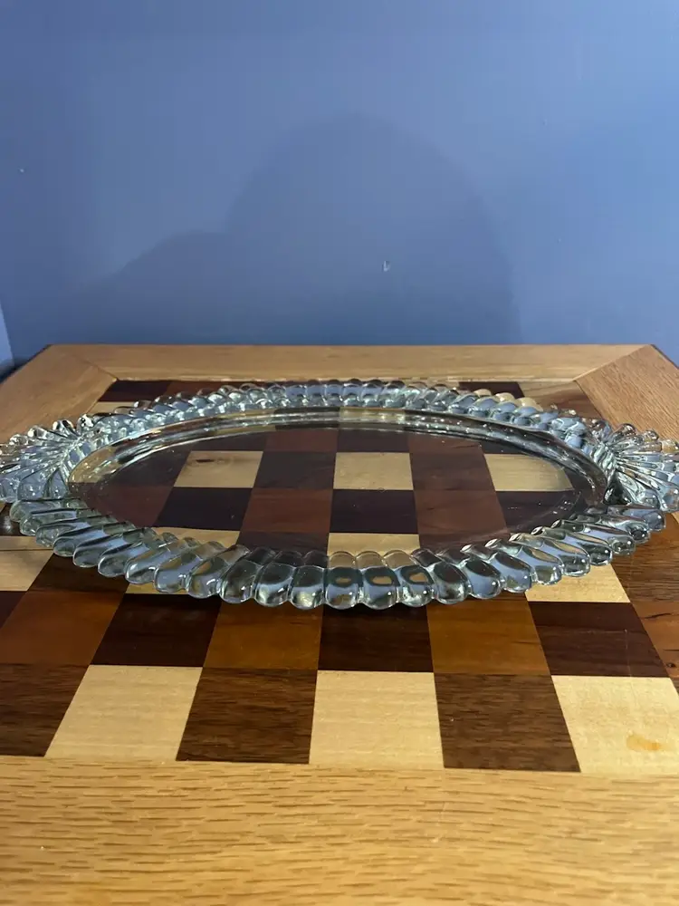 Vintage Art Deco clear pressed glass oval serving or vanity tray. 15-9.5”