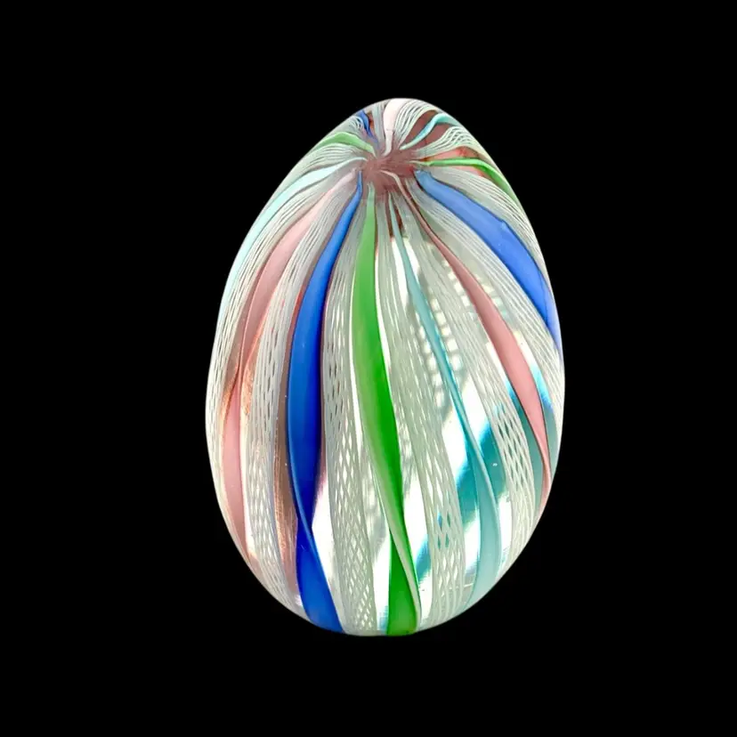 Vintage Murano Egg Shaped Latticino Paperweight 3” Tall x 2” Wide
