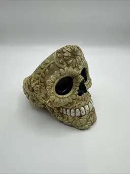 Floral Beige Poly Resin Sugar Skull Ashtray