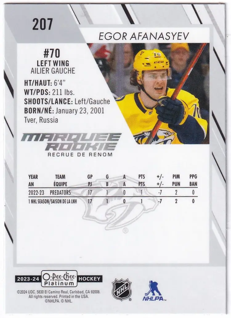 2023-24 O-Pee-Chee Platinum #207 Egor Afanasyev RC Nashville Predators Hockey Card