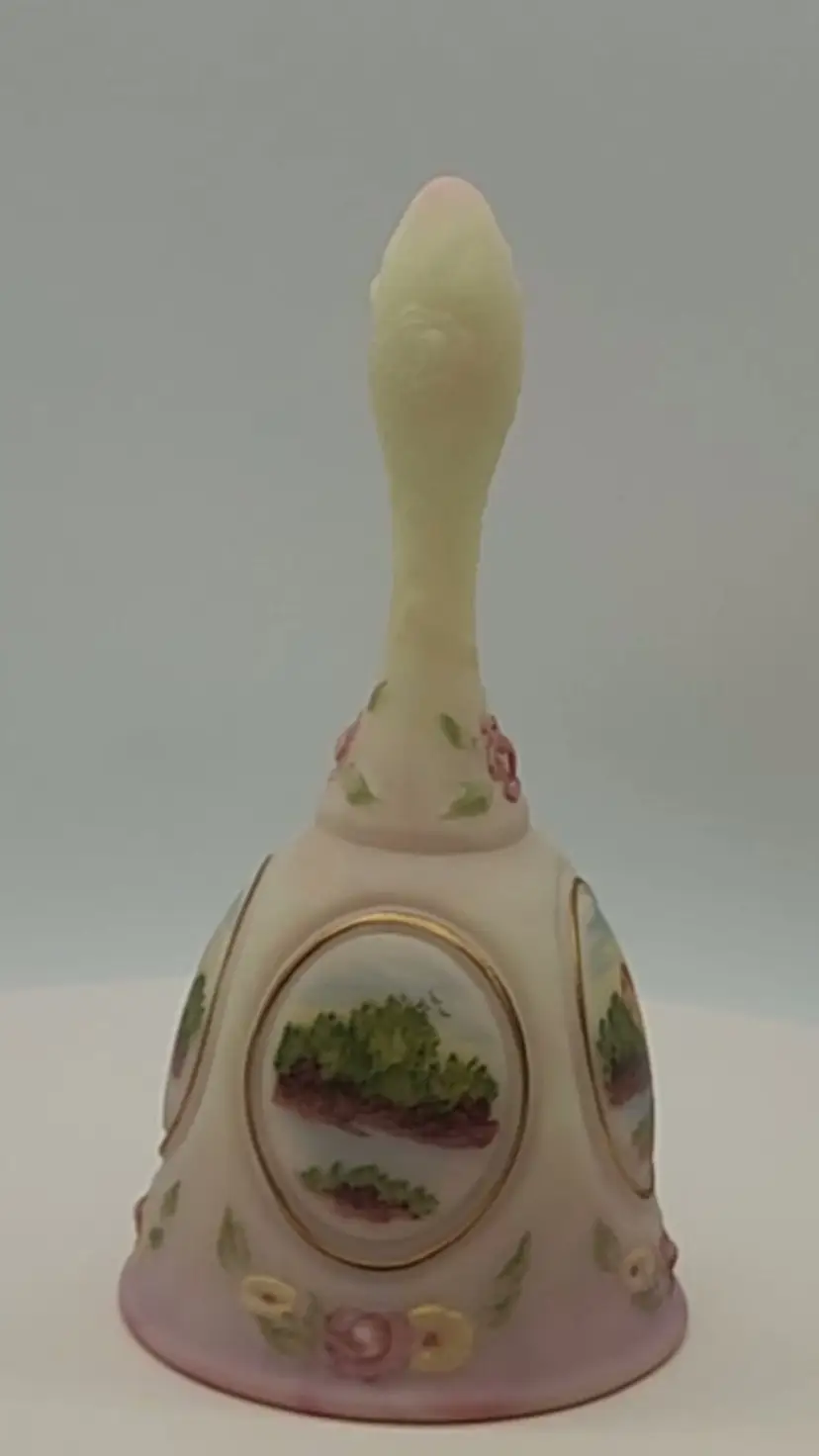 VINTAGE FENTON BURMESE MEDALLION DECORATED BELL SIGNED NUMBERED GLOWS
