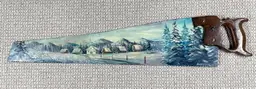 Original Oil Painting Church Winter Snow Scene on Hand Saw with Wooden Handle - Signed
