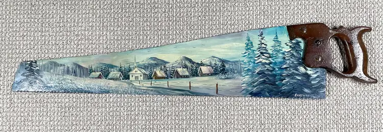 Original Oil Painting Church Winter Snow Scene on Hand Saw with Wooden Handle - Signed
