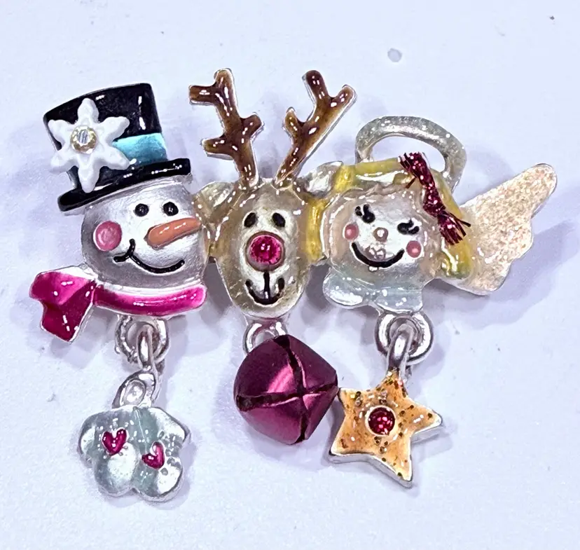 Vintage AJMC Christmas Holiday Brooch- Snowman, Reindeer & Angel With Charms