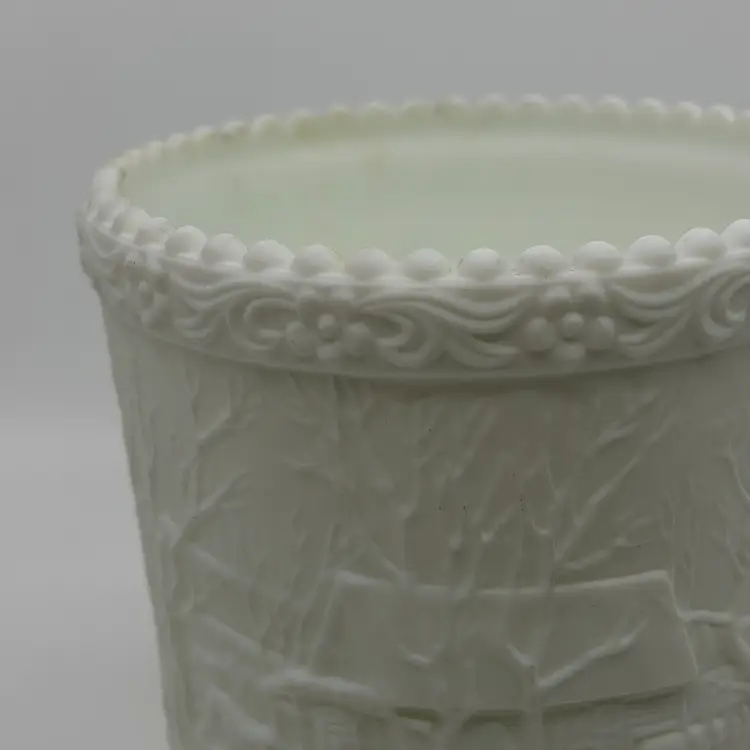 Vintage Fenton Art Glass Winter Woodland Log Cabin Embossed Scene Footed Planter White Milk Glass Satin Finish Vase Spooner