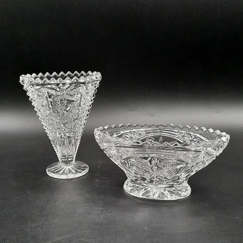 Byrdes Hofbauer Germany Lead Crystal Fan Vase and Oval Dish Bowl