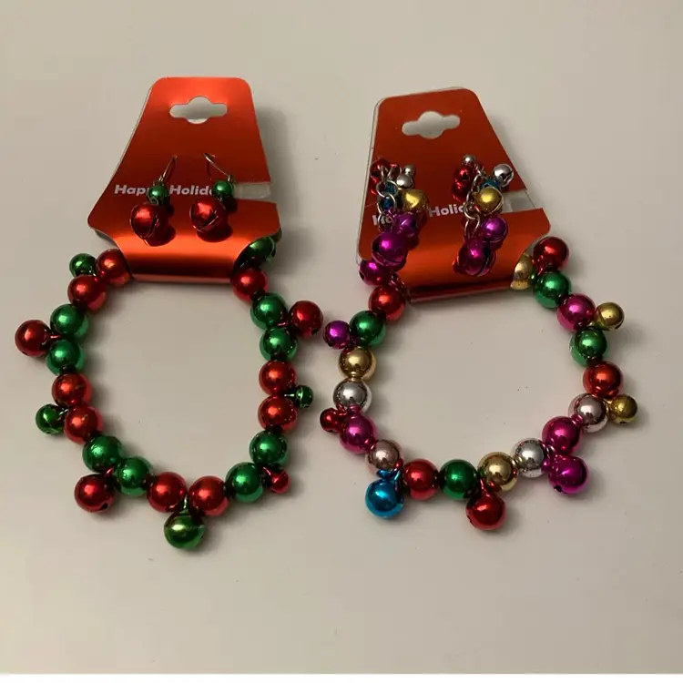 Set Of 2 Happy Holidays stretch XMAS Multicolor Shiny Bright Beaded Bells Bracelet with Matching Earrings