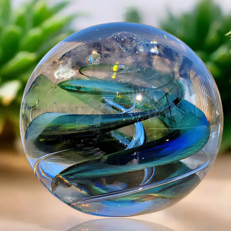 Marian Pyrcak (M.P.) Blue & Green Swirl Poland Studio Art Glass Orb Paperweight, 3 In