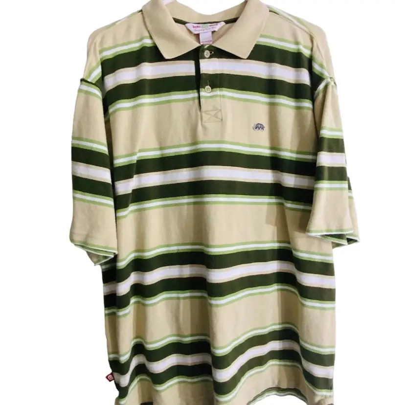 Ecko UNLTD Polo Striped With Light Green, Green, Darker Tan, Brown, Green, And White Stripes. Tan Color Collard Embroidered Logo Size XL 