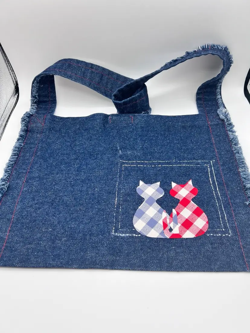 Cute Blue Jean Purse/Satchel with Cat Silhouettes on Front, Frayed Edge Details on Sides and Strap