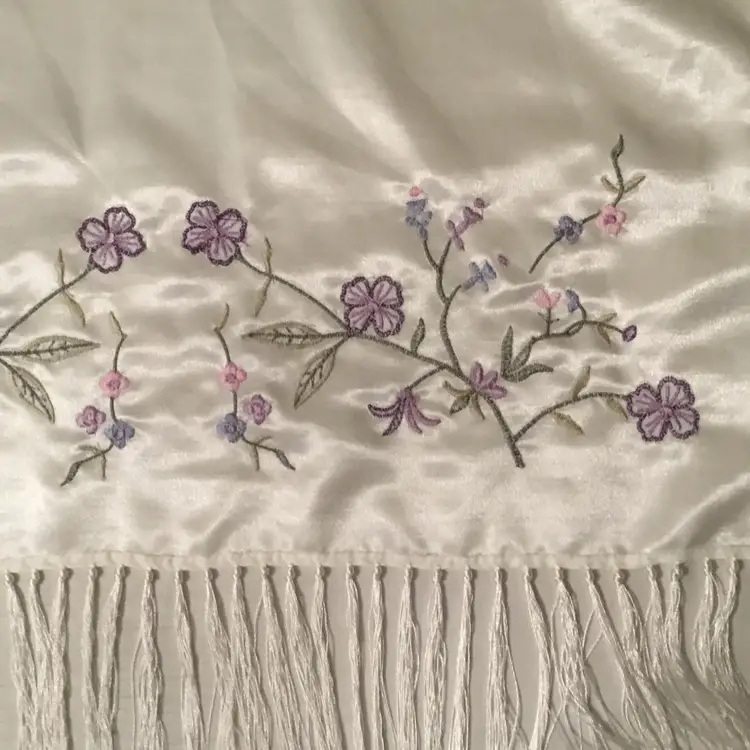 Long scarf, white, satin, embroidered, fringed, 100% polyester, 70" x 19"