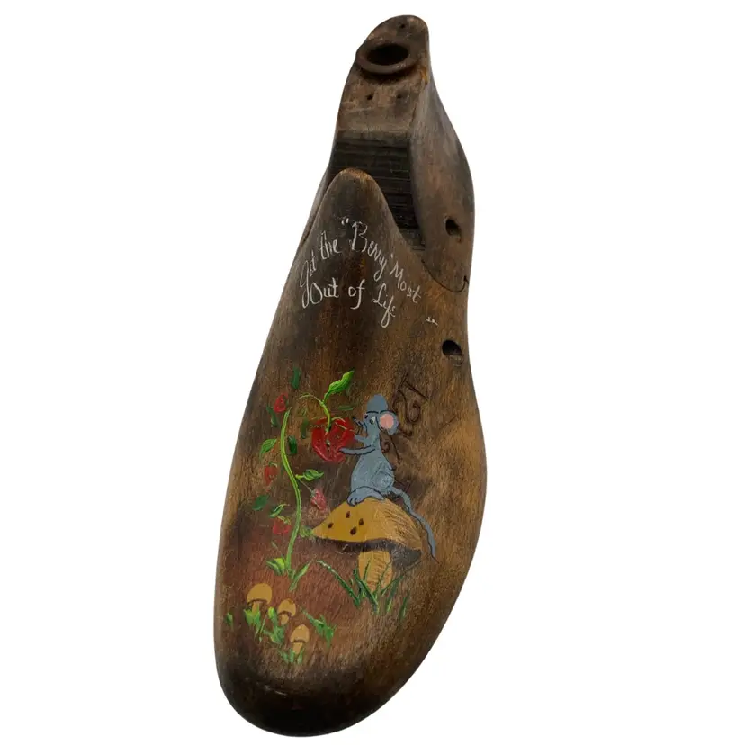 Vintage Wooden Shoe Stretcher! Hand Painted Mouse on a Mushroom! Get The “Berry” Most Out Of Life! 8” x 2 1/2”!