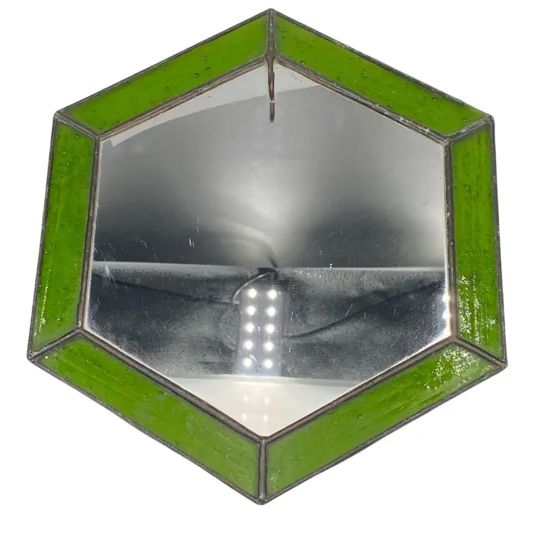 Vtg. Handmade Leaded Stained Green Glass Window Art w/mirror, Hexagon, w/Hook
