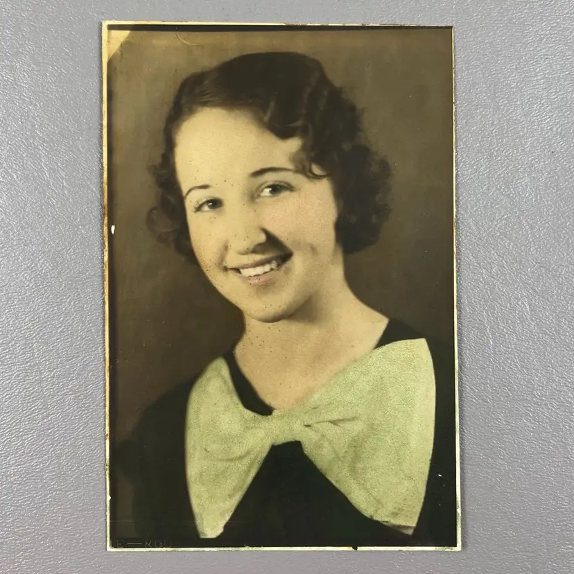 Antique 1920s Tinted Photo Woman With Large Bow Finger Wave Hair Portrait 4X6"