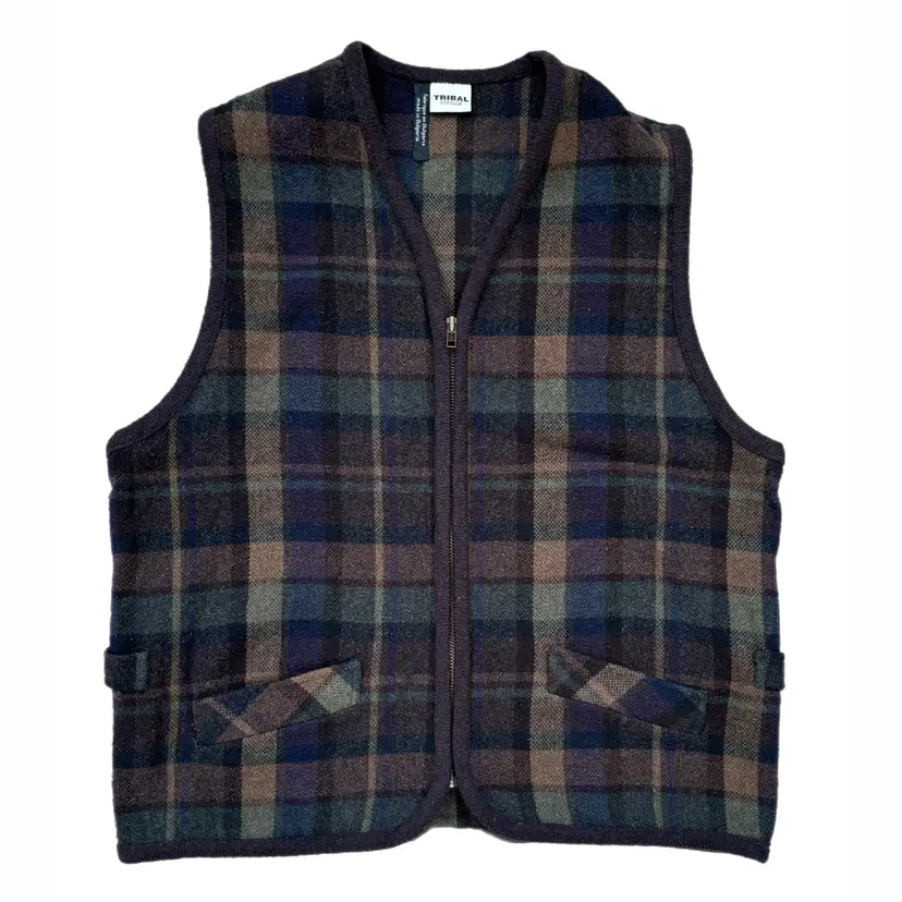 Tribal Sportswear Small Plaid Vest Wool Blend Pockets Oversized Rustic Vintage