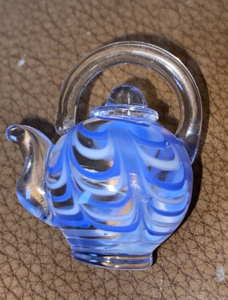 Art Glass Mini Teapot Figurine Paperweight Collectable Blue & White Swirl 1.5” H