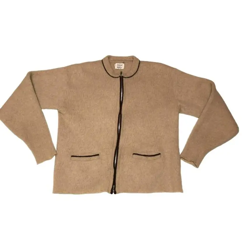 TAN VTG MOHAIR CARDIGAN SWEATER SIZE L BROWN PIPING ZIPPER GRUNGE KURT COBAIN