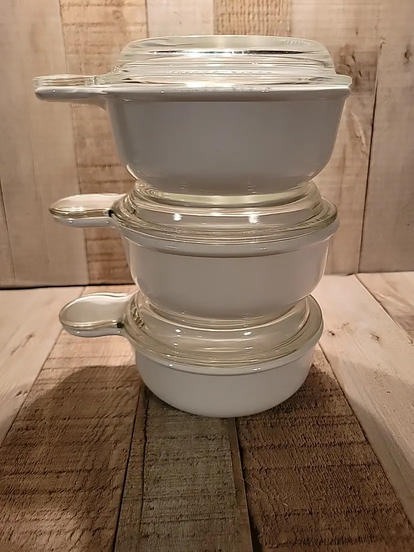 3 Corning Ware Pyrex Glass White Grab-It Bowls P-150-B w/ Lids Set P-150-C USA
