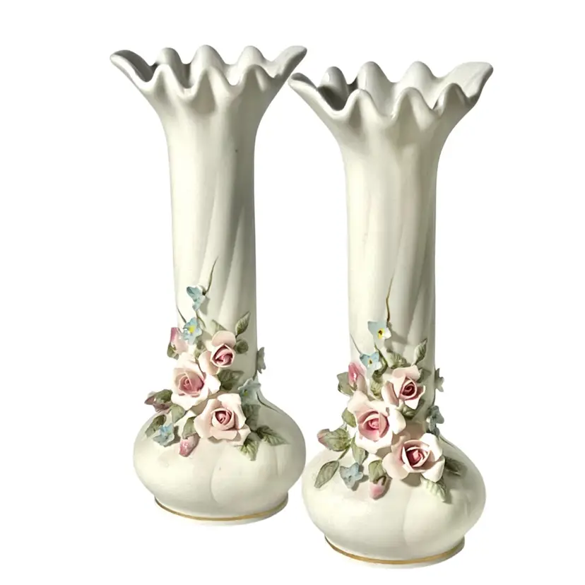 Vintage Lefton Bud Vase Pair Applied Pink Blue Roses Flowers #829 Japan Bisque Porcelain