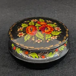 Vintage Ukraine Black Lacquered Wood Trinket Box Hand Painted Flowers Signed '94
