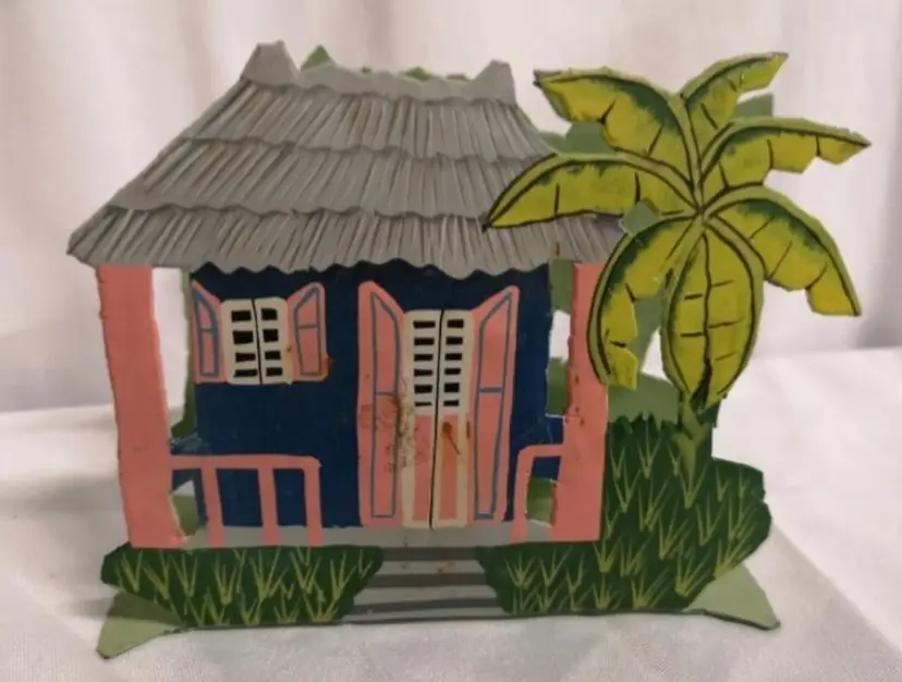 Vintage Handpainted Metal Blue And Pink Carribean House With Palm Tree Metal Napkin Holder