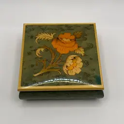 4”x4” Vintage Small Inlaid Wood Floral Hinged Velvet Lined Jewelry Box Made In Italy