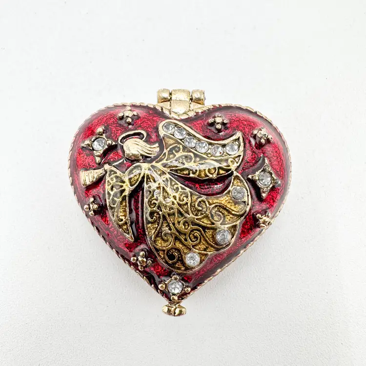 Monet Heart Angel Trinket Box Red Green Enamel Rhinestone Accent Magnetic Signed 1.75" LW .75"H