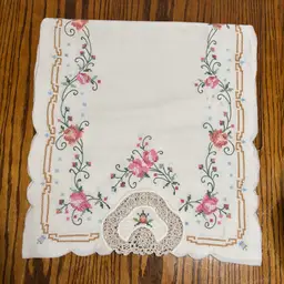 12- Vtg Hand Embroidered With Cotton Crochet Accent Table runner
