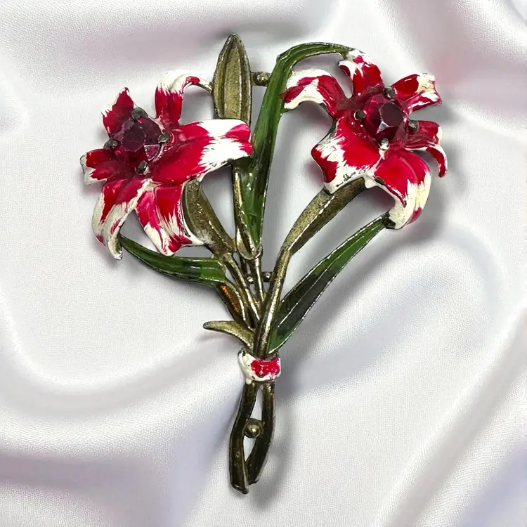 Vintage 1940s Large Enamel Flower Brooch Red Rhinestone Lilly Hand Painted