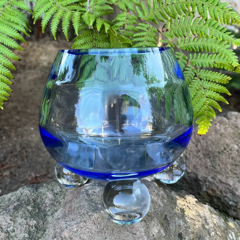 Vintage Tiffin Copen Blue Vase Swedish Hand Blown Glass Optic Tri-footed Base