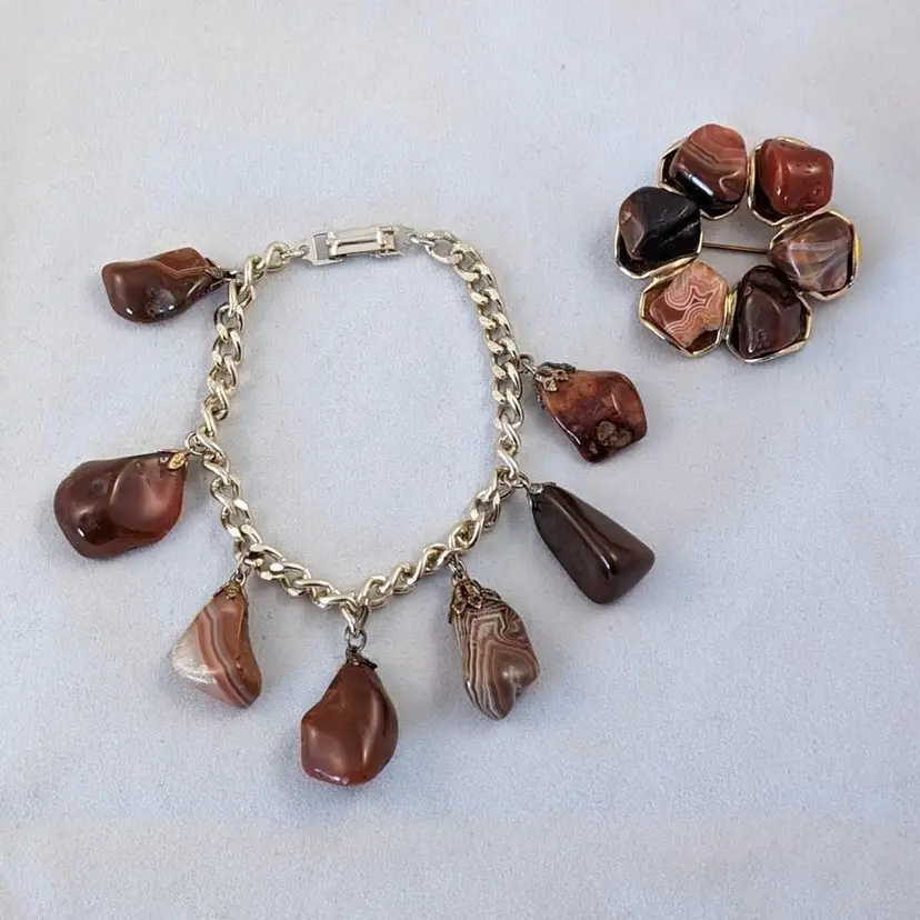 Vintage Polished Agate Dangling Charm Bracelet and Brooch Pin Set