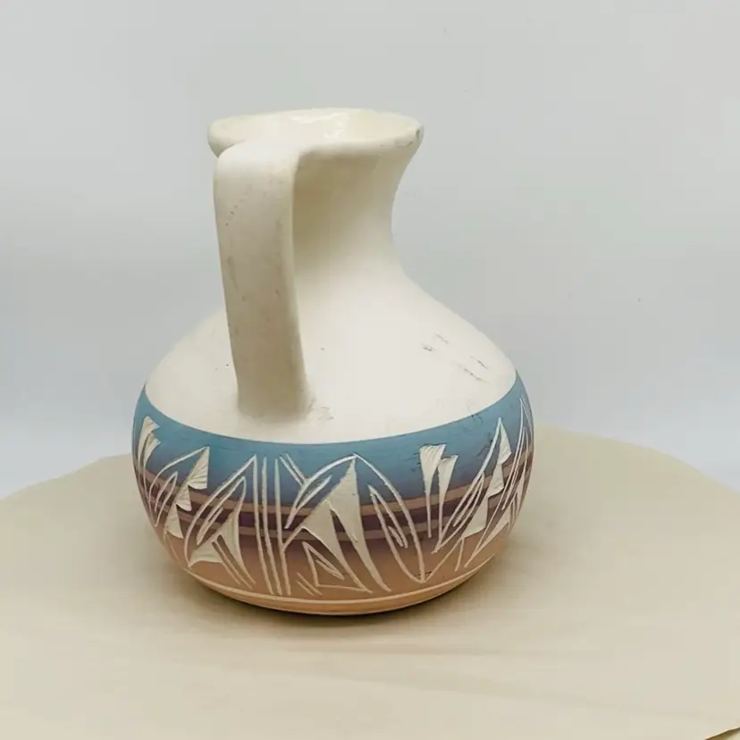 #2220 Signed Navajo Art Pottery Handmade Pitcher Blue Pink Etched On White Clay