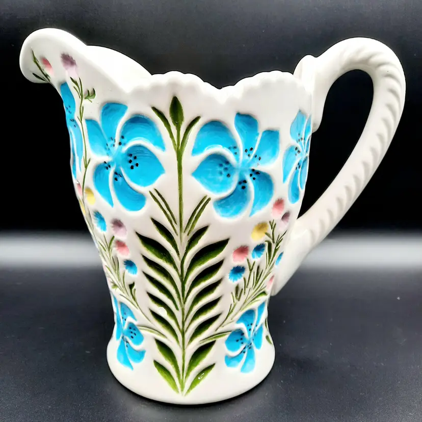 Vintage Handpainted Spring Floral Pitcher Turquoise Green Pink Easter