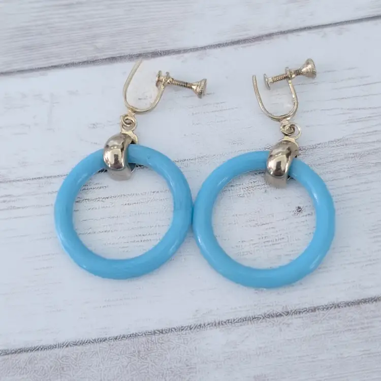 Vintage Screw On Earrings Bright Blue Retro Circle Dangle