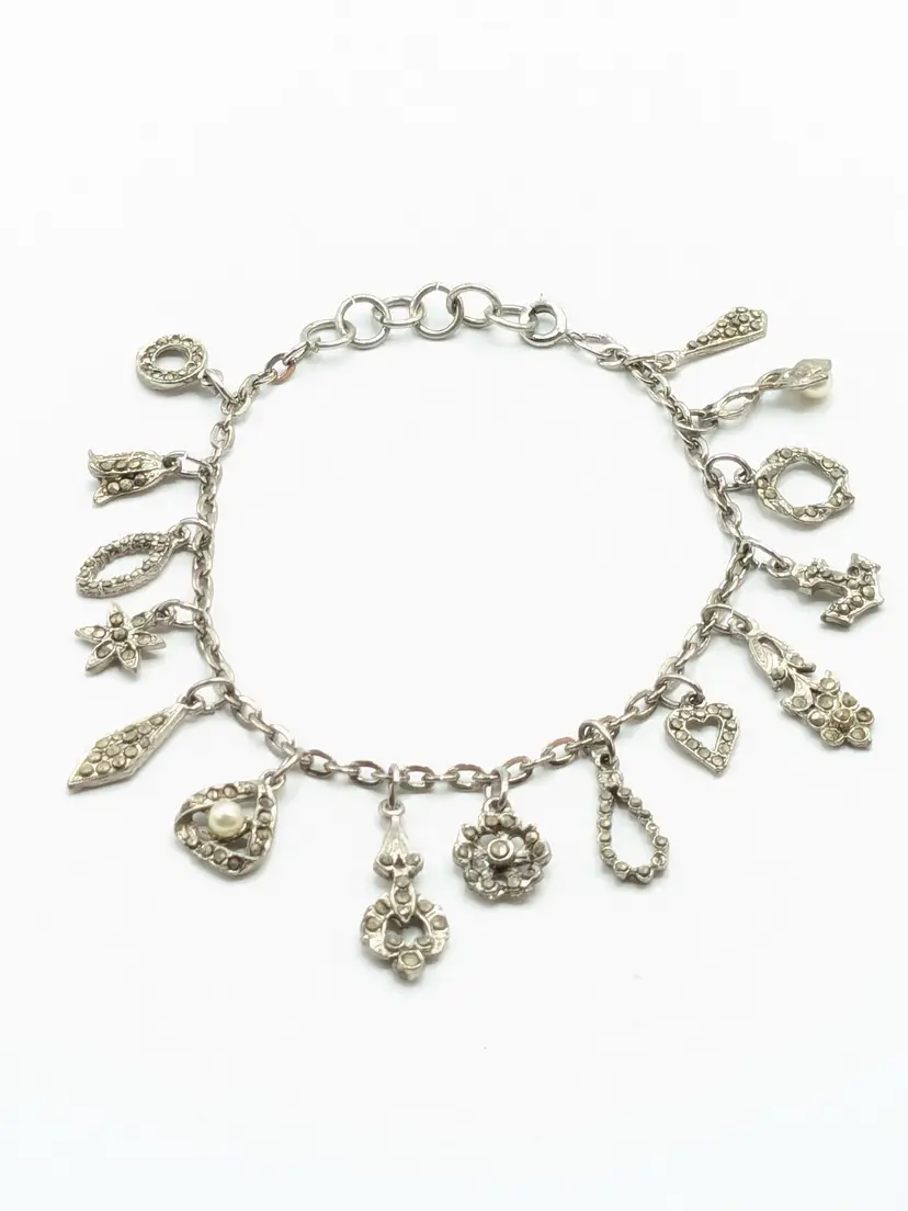 Silver Tone Charm Bracelet with Rhinestones Jewelry