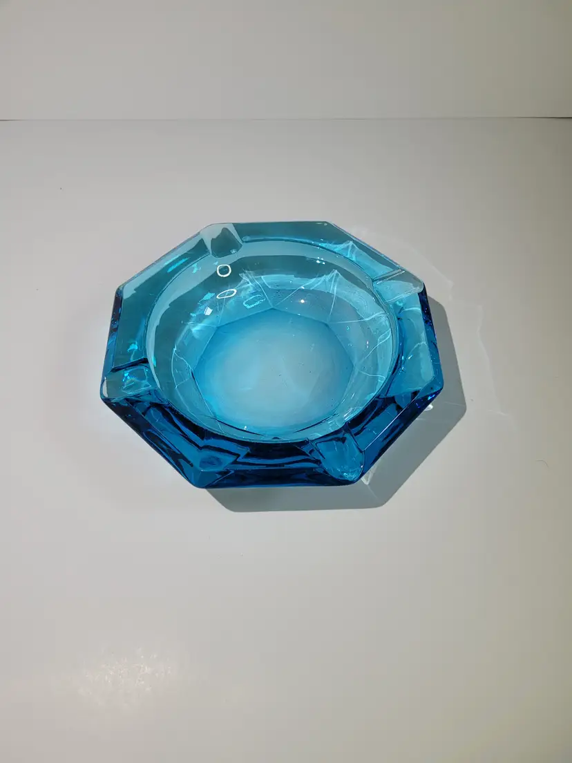 Turquoise Blue Vintage Heavy Glass Octagonal Ashtray See Description