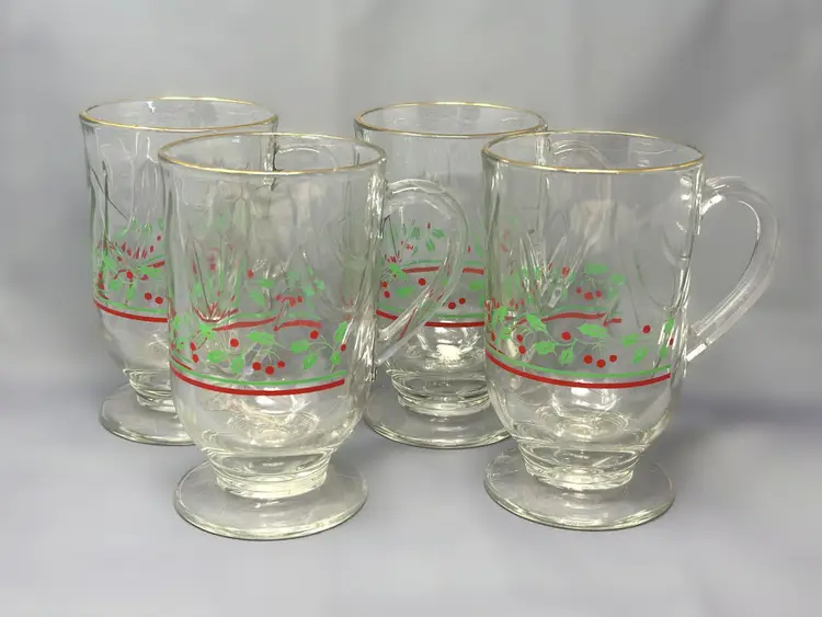 Gold Rim Irish Coffee Mugs – Libbey Holly Berry, Set of 4 (12oz Vintage Holiday Glassware)