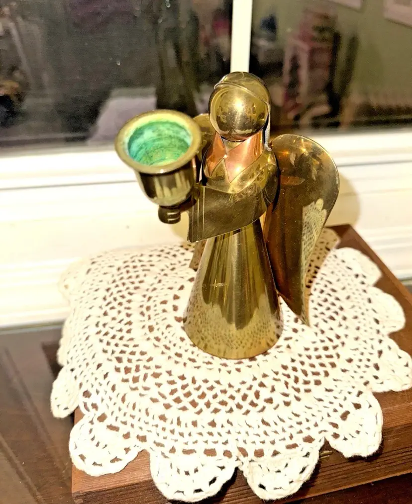 Brass and Copper Angel Candle Holder made in Hong Kong 6" Christian VTG 70's