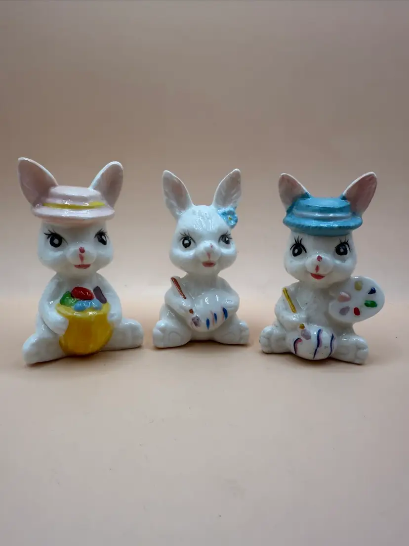 Set Of Three Vintage Easter Egg Artists Porcelain Hand Painted Bunnies 3” READ