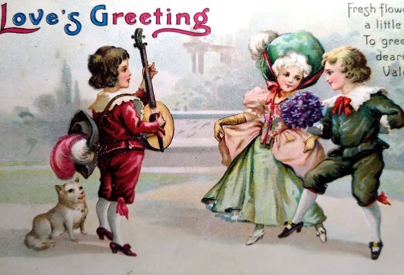 Valentine Love Postcard Unsigned Ellen Clapsaddle Victorian 1834 Lute Guitar Dog
