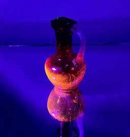 Vintage GLOW Hand Blown AMBERINA Crackled Glass Pitcher Ruffled Edge