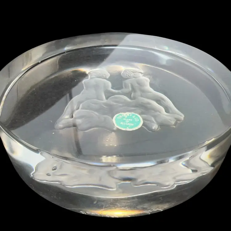 09 Val St Lambert Signed Etched Crystal Paperweight Tiffany & Co 4” x 1”